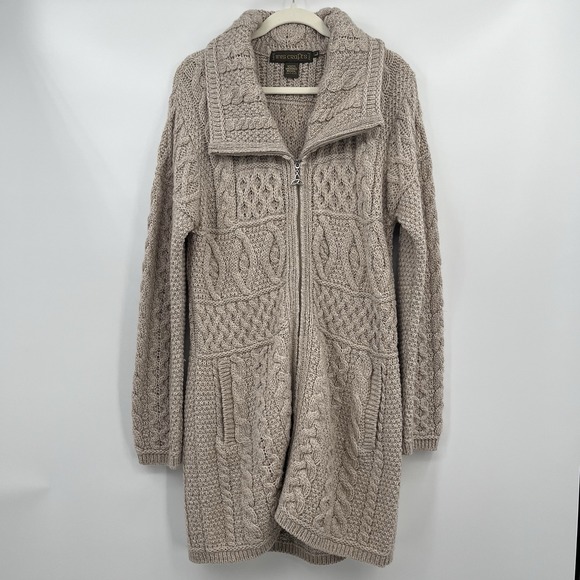 Inis Crafts Sweaters - inis crafts merino 100% wool Sweater L Tan Long Full Zip Cable Knit Ireland Boho
